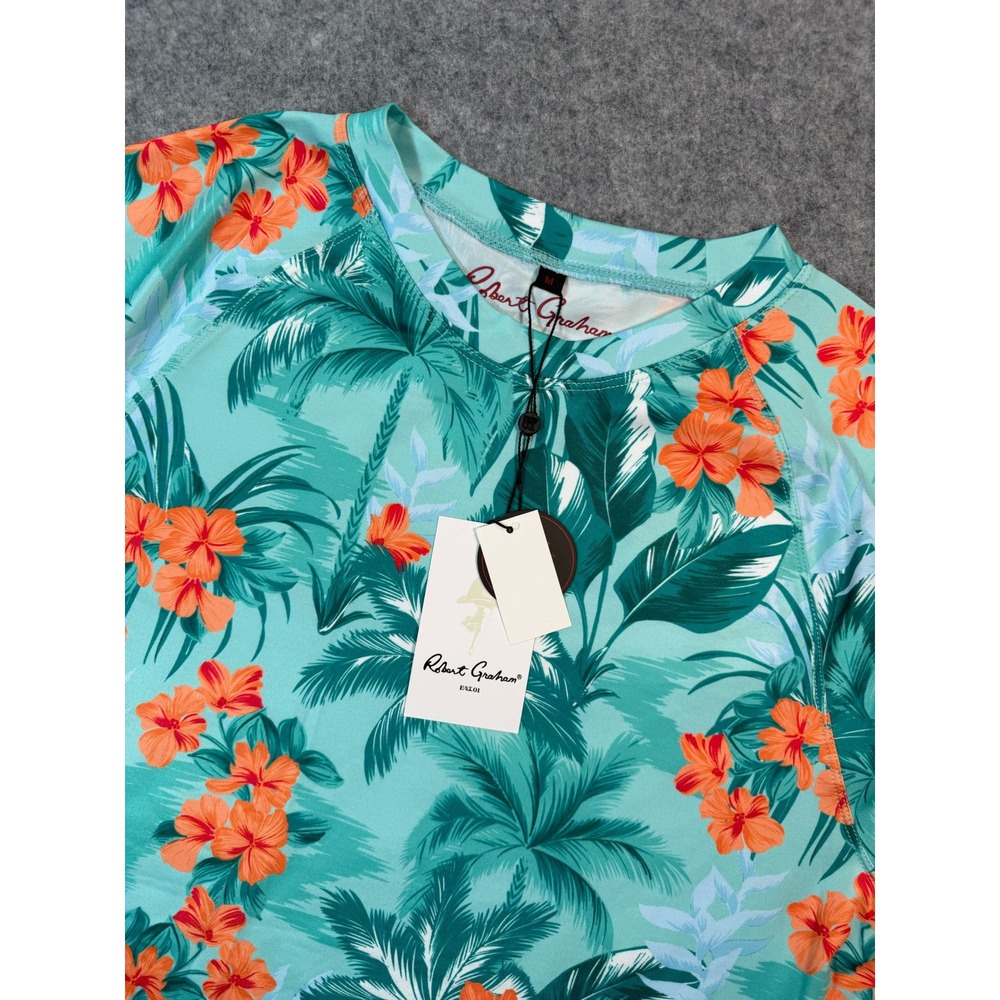 Robert Graham Mens Teal Tropical Palm Floral UPF 50+ Rash Guard Swim Shirt M NEW